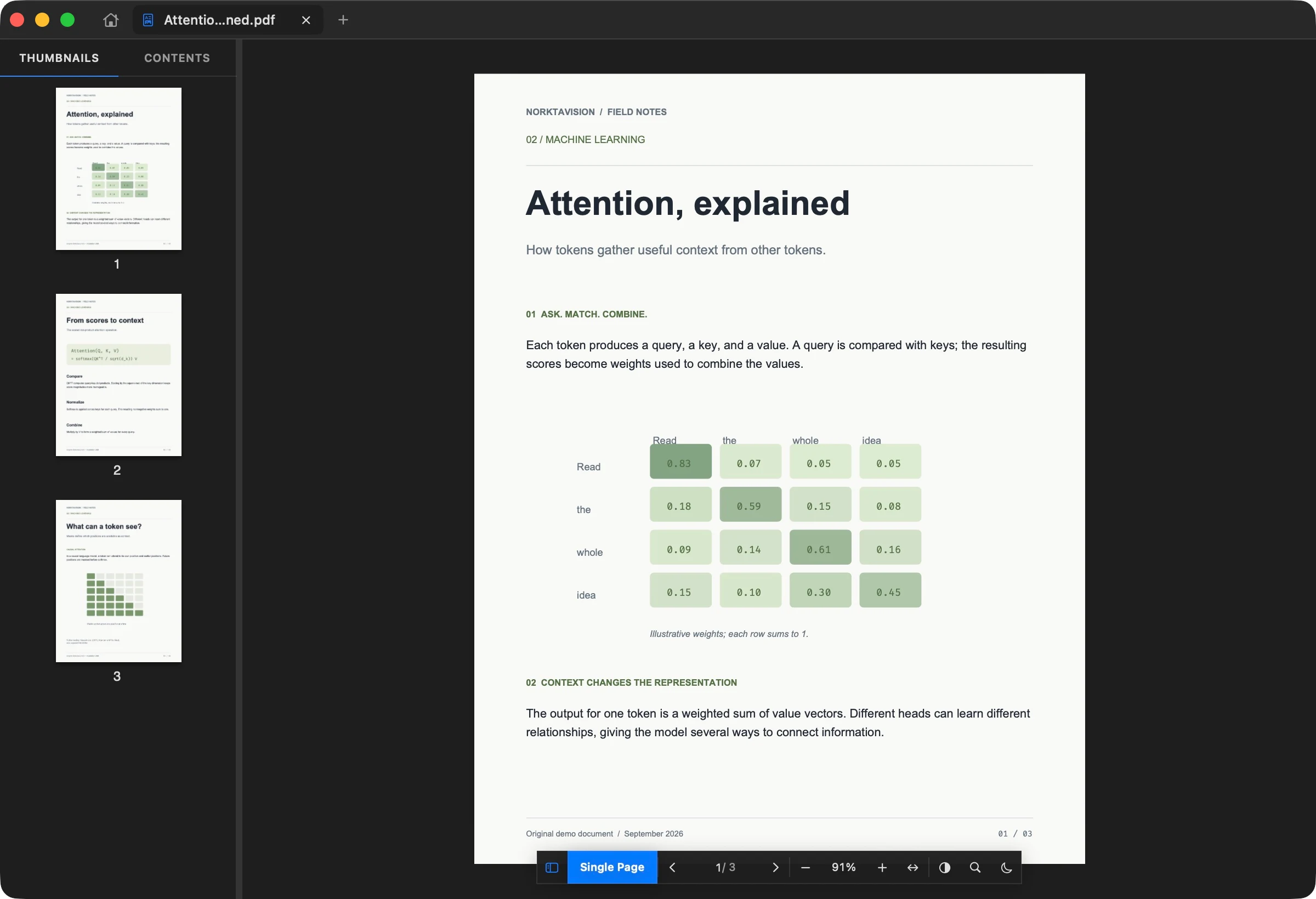 Attention, Explained open in Norktavision, with a column of individual page thumbnails and a floating reading toolbar.