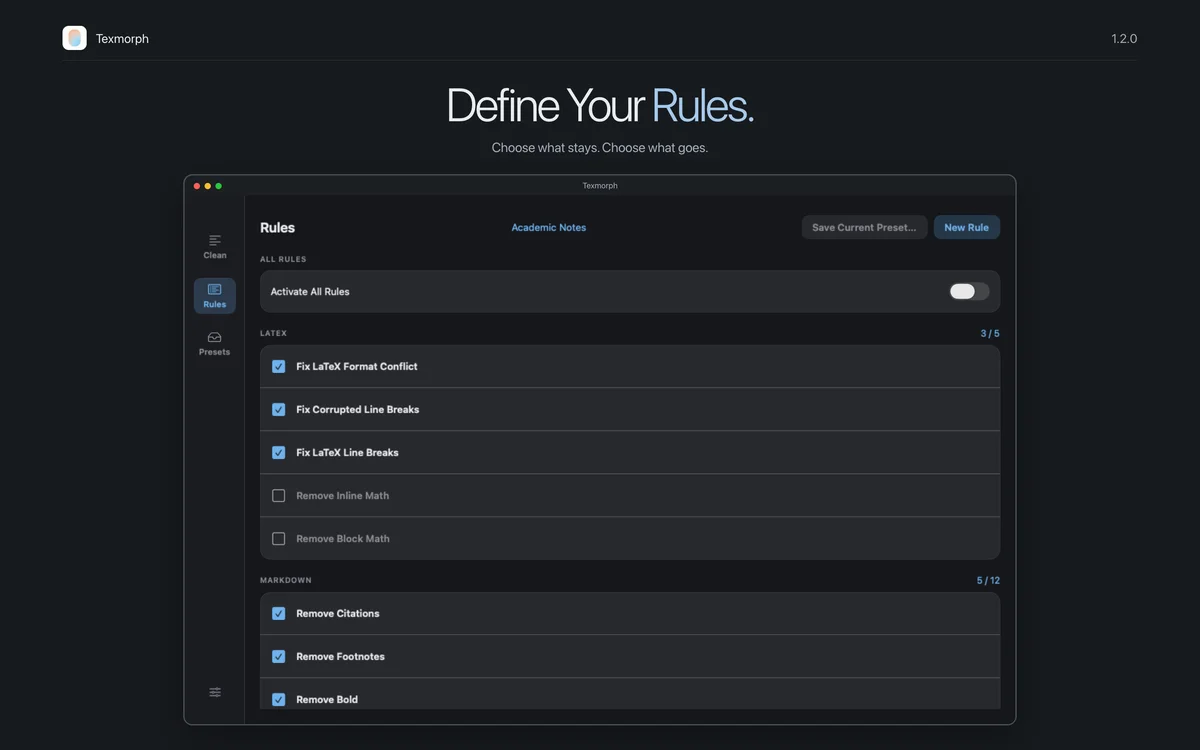 Define Your Rules: Texmorph's processing rules on Mac.