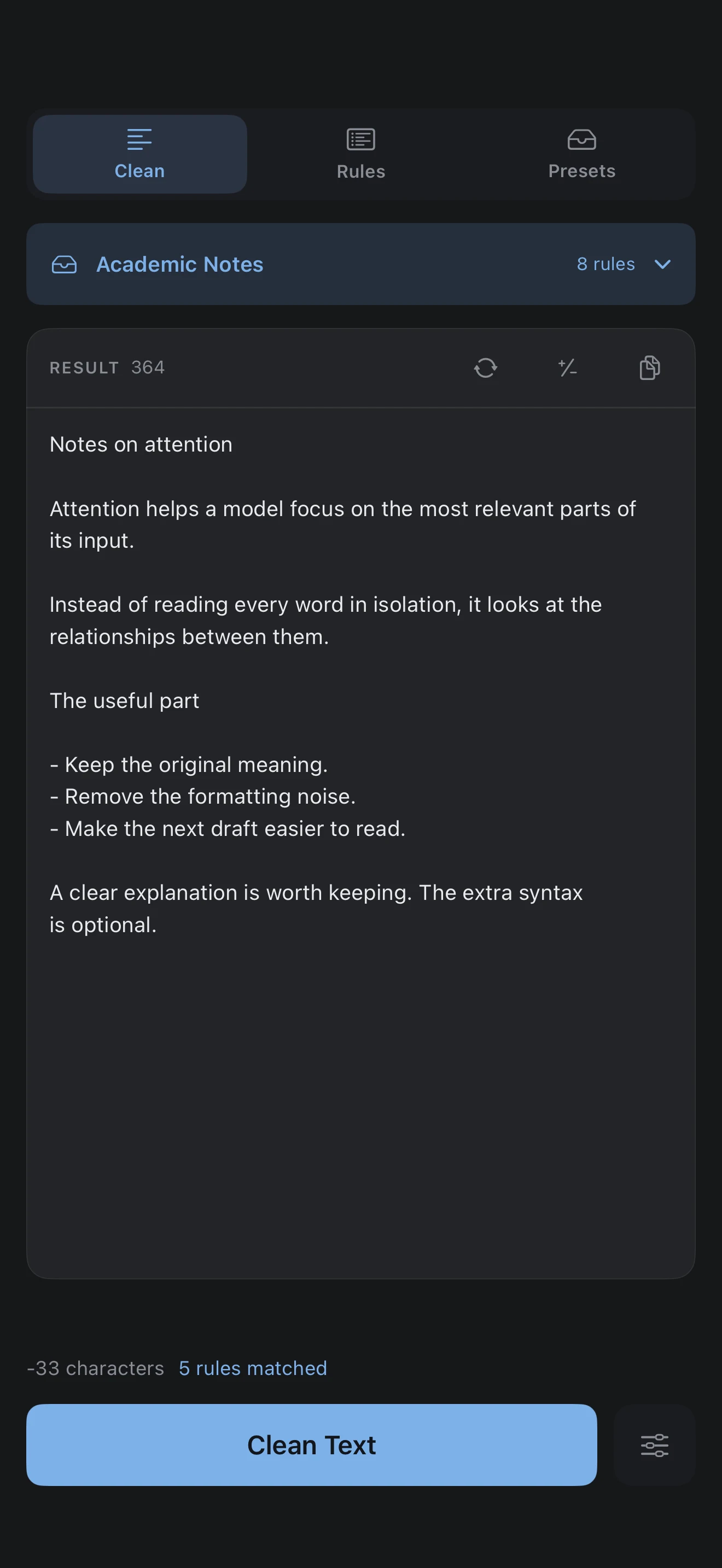 Texmorph on iPhone displaying a cleaned note, with Clean, Rules and Presets navigation.