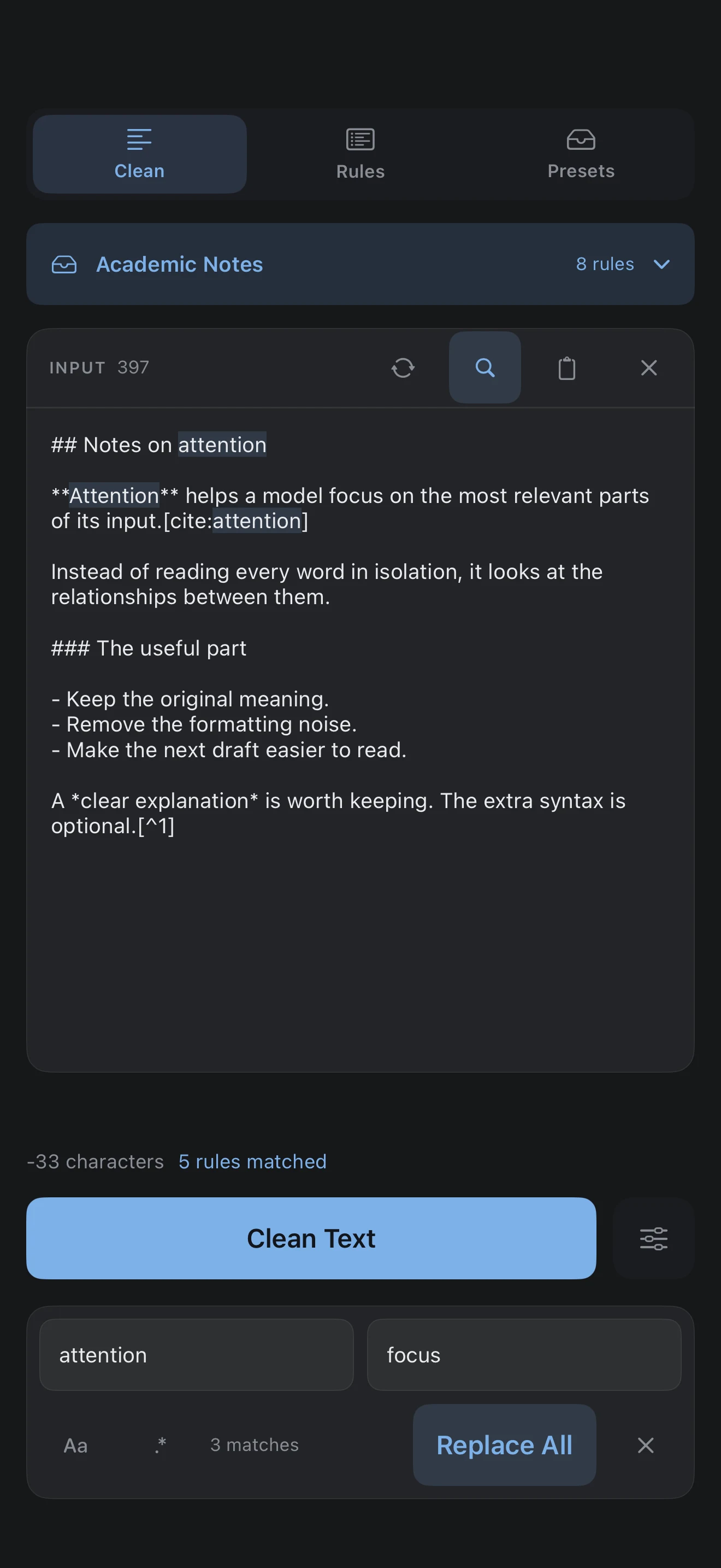 Find and Replace above the keyboard on iPhone.