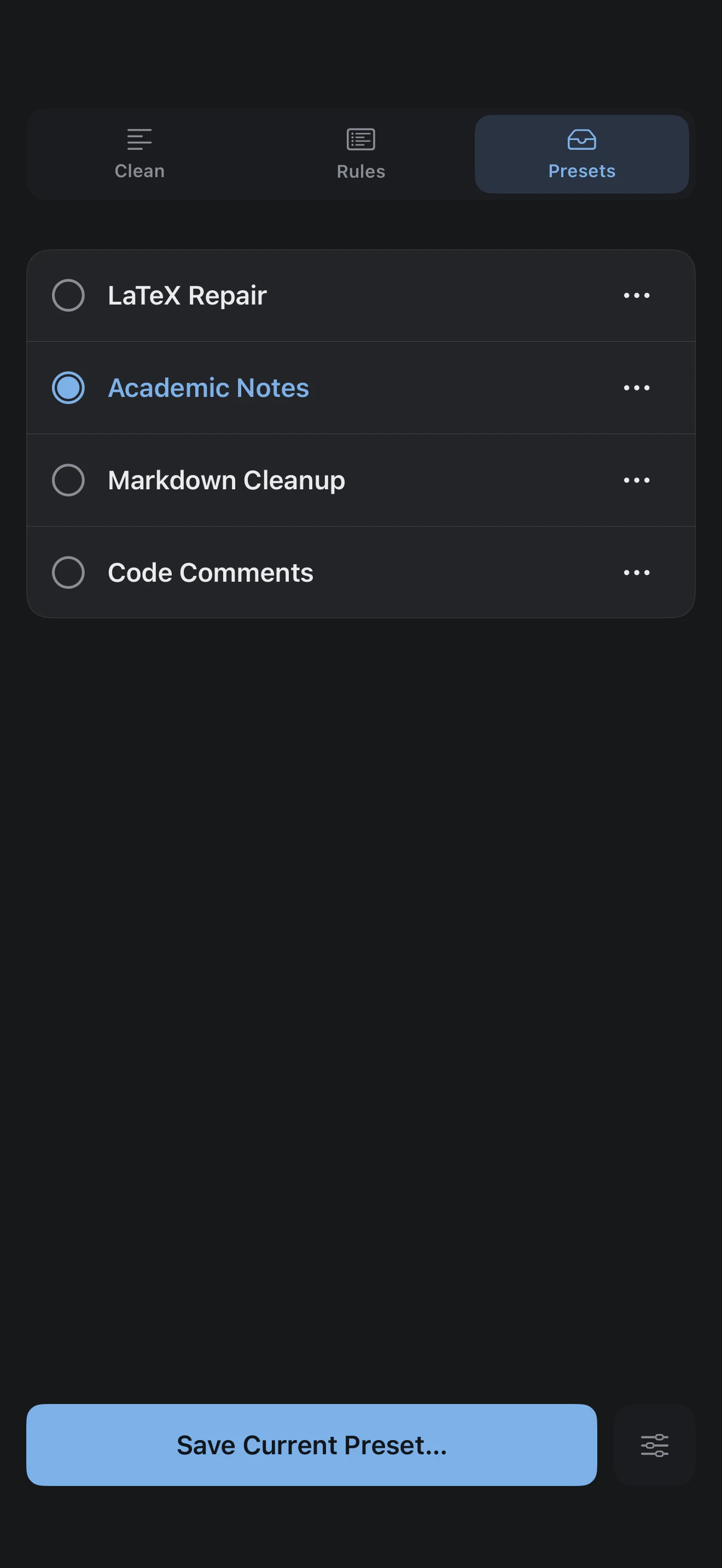 Texmorph Presets on iPhone, including LaTeX Repair and three example user presets.