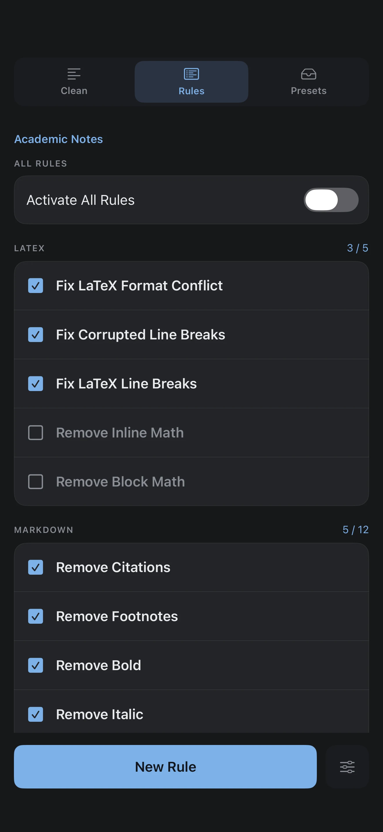 Texmorph Processing Rules on iPhone, with individual switches for LaTeX and Markdown operations.