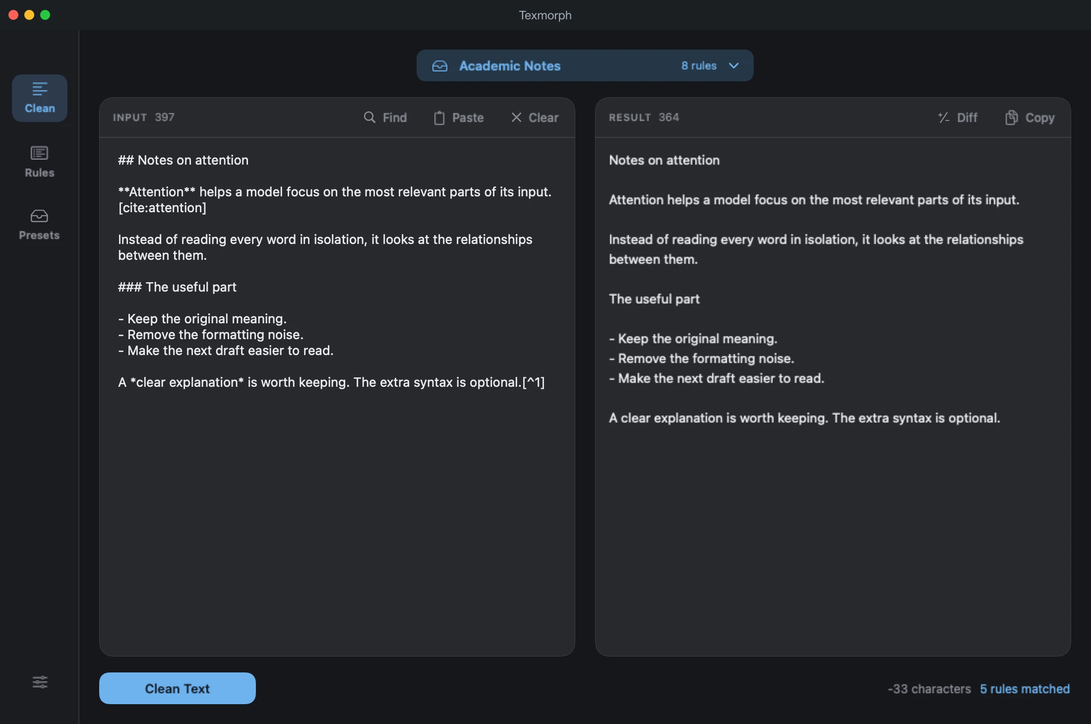 Texmorph on Mac. A Markdown note with citations on the left and the cleaned text on the right, using the Academic Notes preset.