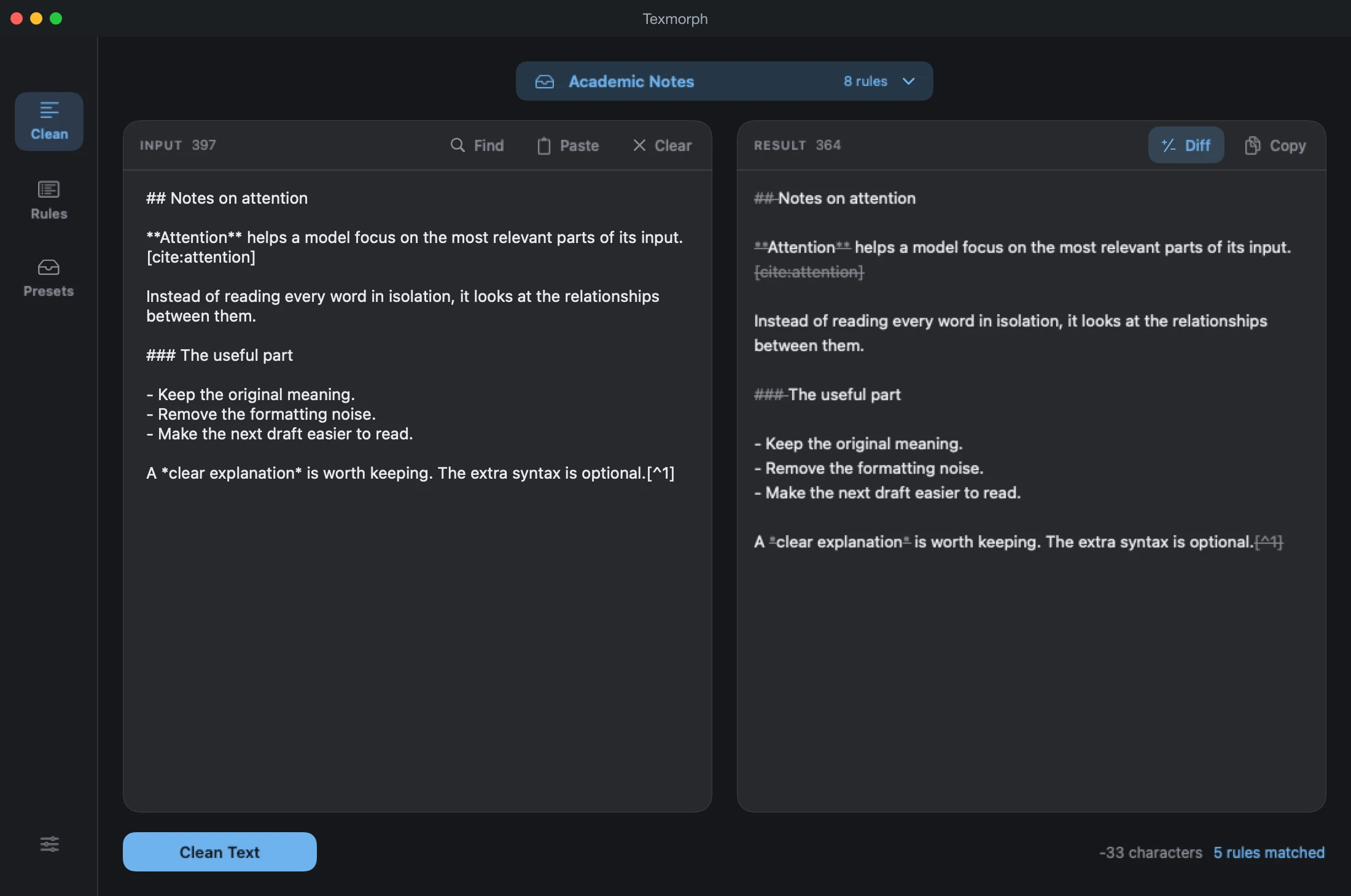 Diff enabled in Texmorph, with removed Markdown markers and citations marked with strikethrough.