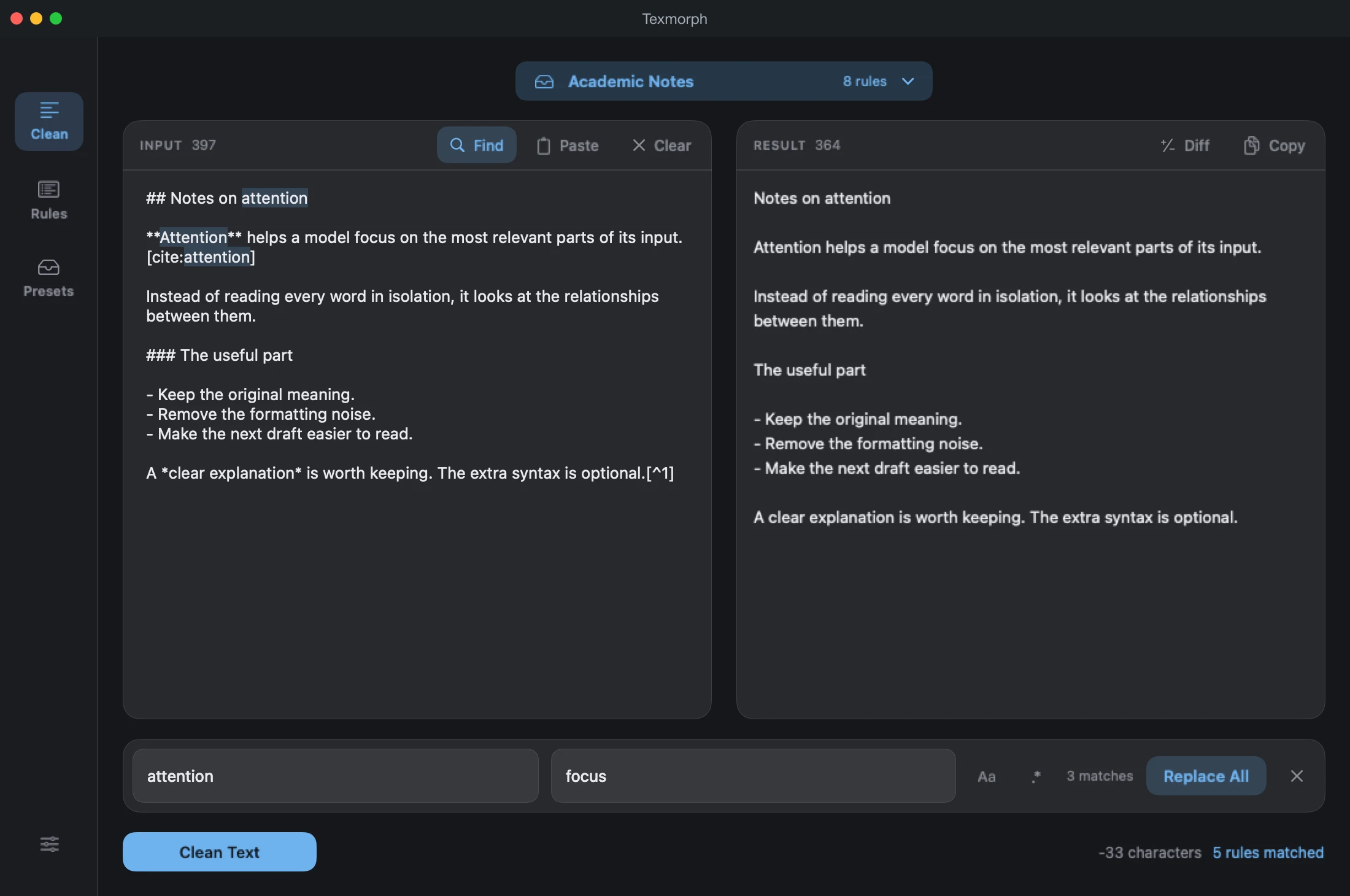 Texmorph Find and Replace open below the editor, searching for attention and replacing it with focus.