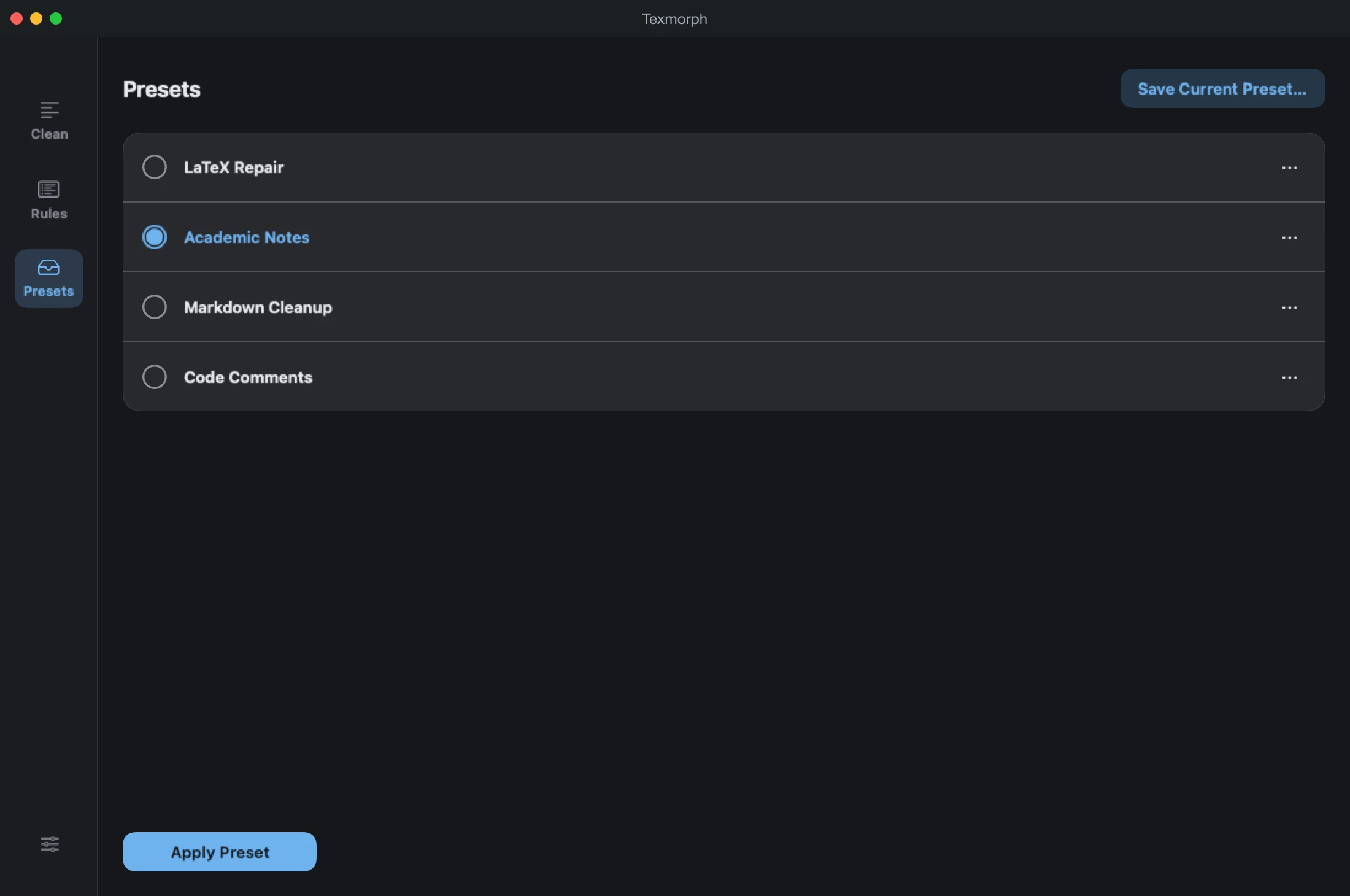 The Presets page on Mac, listing saved presets with Apply Preset at the foot.