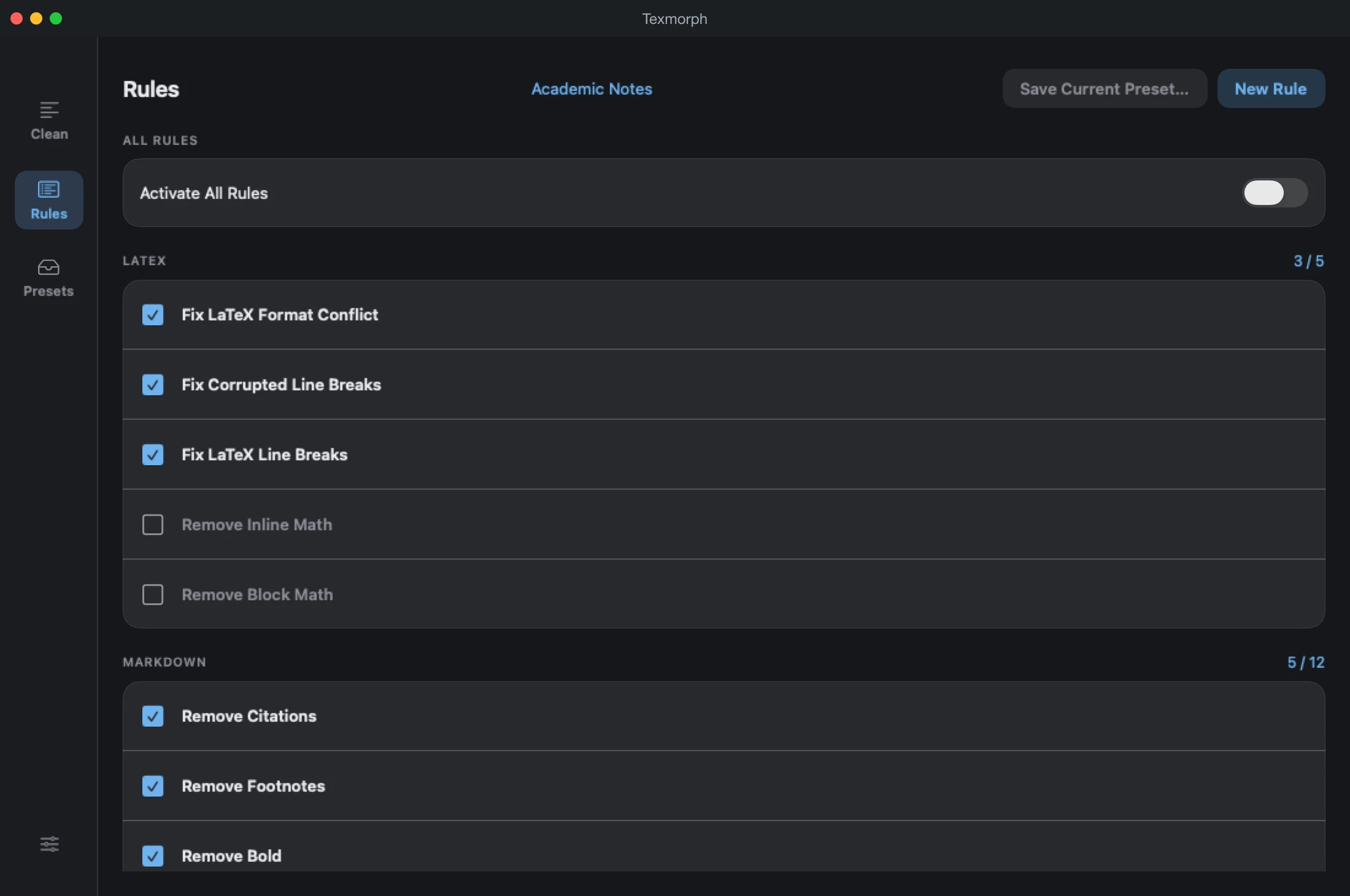 The Rules page on Mac: built-in rules grouped under LaTeX, Markdown and Code, each with a switch.