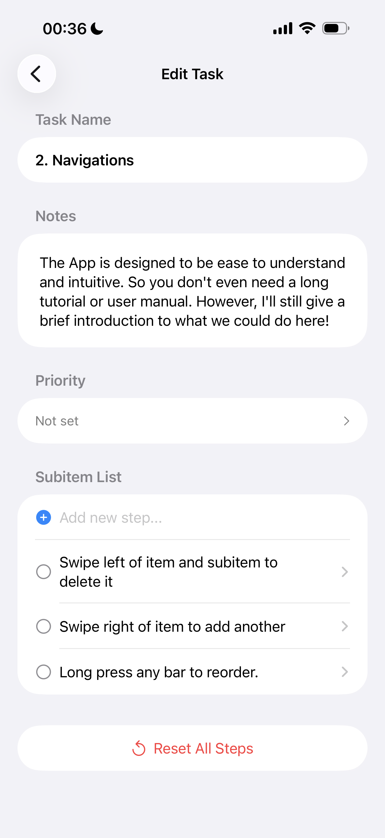 Backtrack Subitems and Gestures