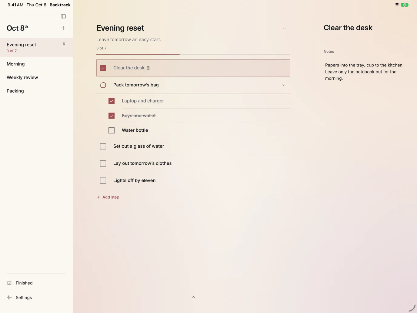 Backtrack on iPad: the library beside the Evening reset checklist with three of seven steps checked, and the note of its first step.