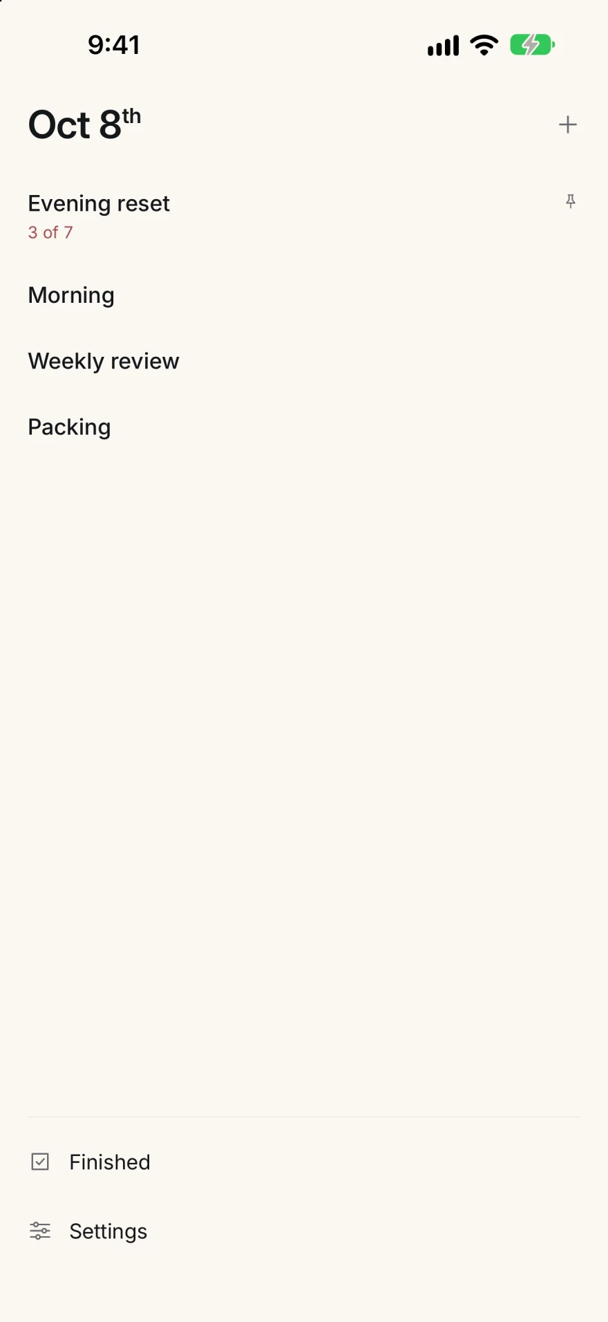 The library on iPhone: Evening reset pinned at the top with three of seven steps done, then Morning, Weekly review and Packing.