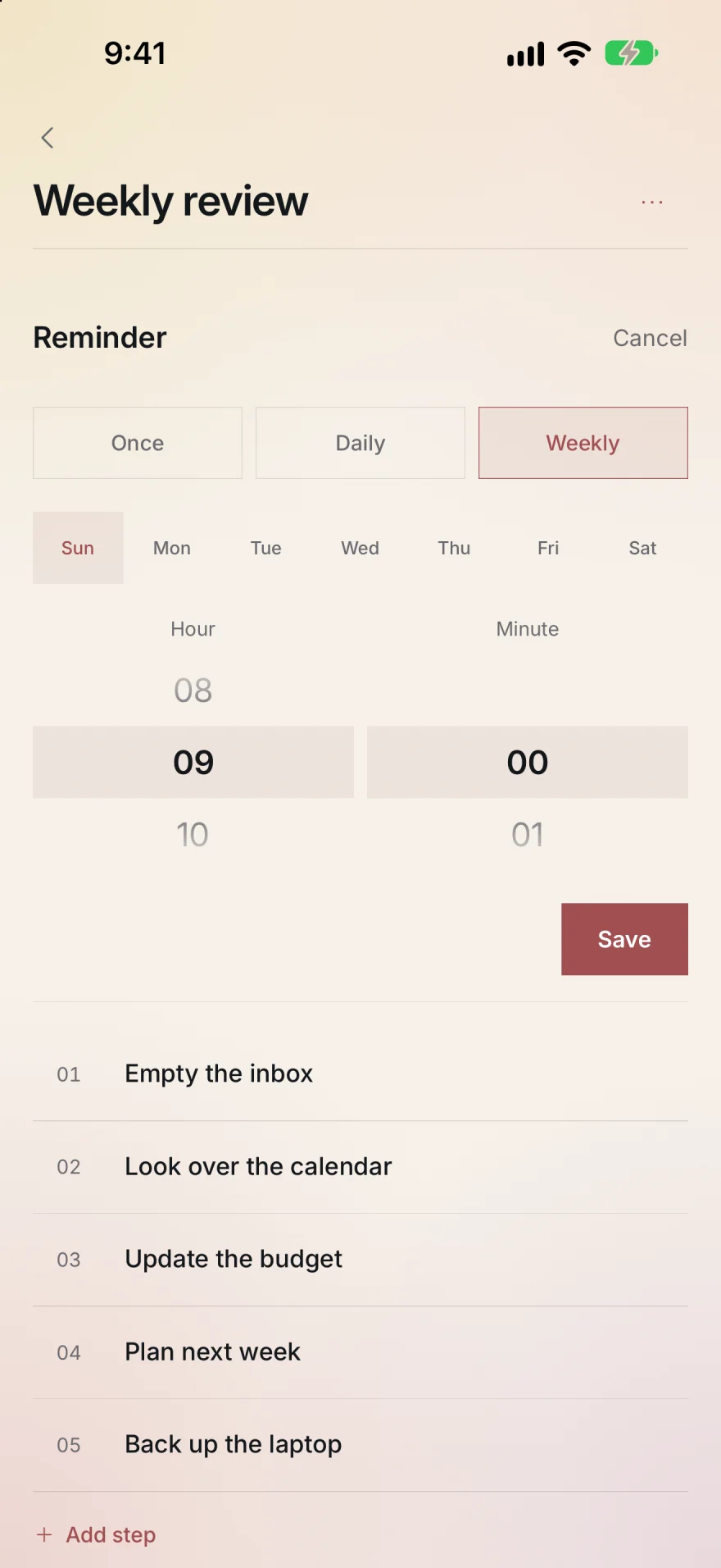 The Reminder editor on the Weekly review checklist: Weekly chosen, Sunday selected, the time set to 09:00.