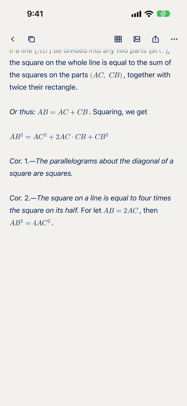 The Elements of Euclid on iPhone, with rendered math such as the sum of squares on AC and CB and two corollaries in italics.