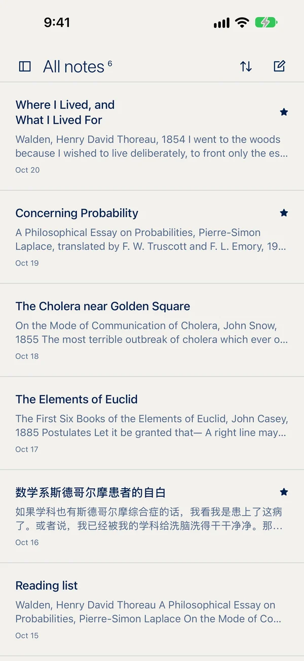 Inserable on iPhone: the All notes list with six notes, including Where I Lived, and What I Lived For, Concerning Probability and The Elements of Euclid.