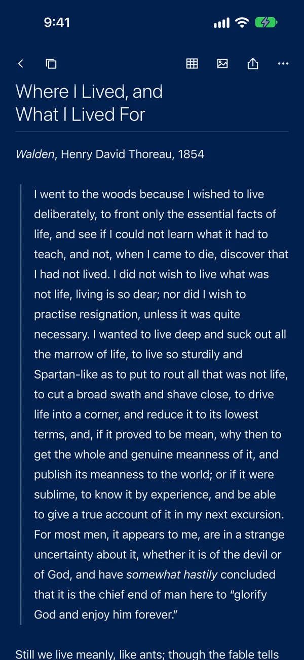 The note Where I Lived, and What I Lived For by Henry David Thoreau, in dark appearance on deep navy on iPhone.