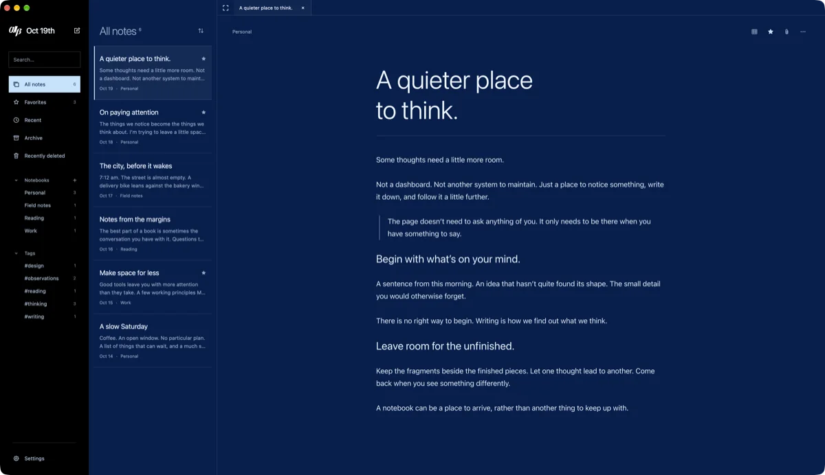 Inserable on Mac in dark appearance: the library on black, the note list and a note on deep navy.