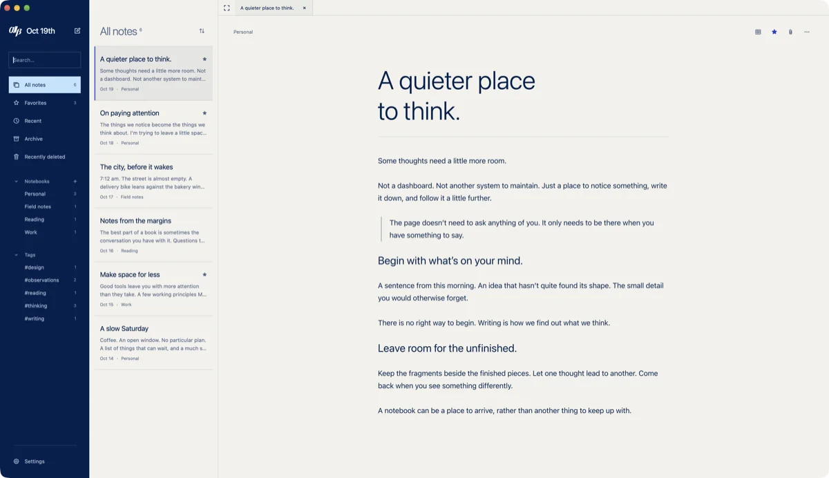 Inserable on Mac in light appearance: a navy library sidebar, the note list and the note A quieter place to think on warm paper.