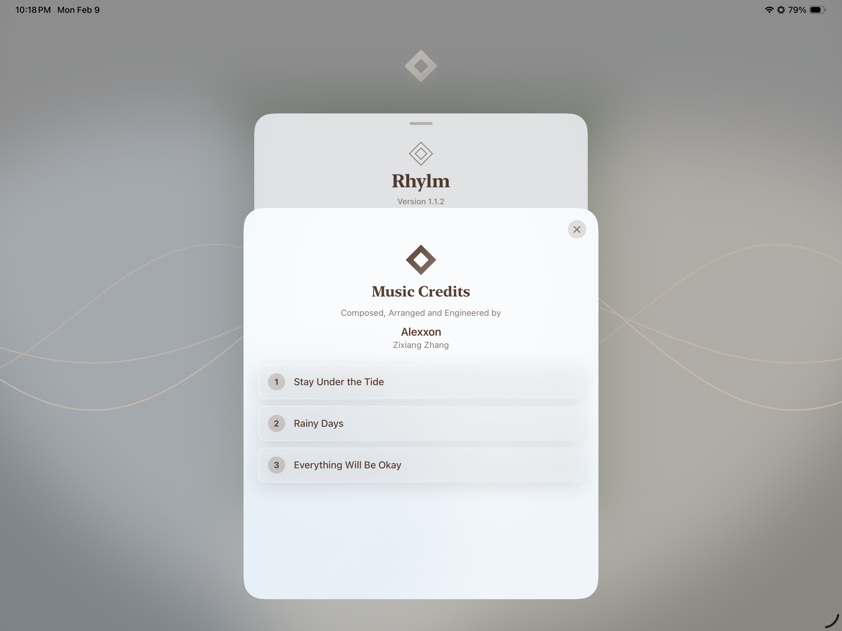 Rhylm music credits screen in mist theme