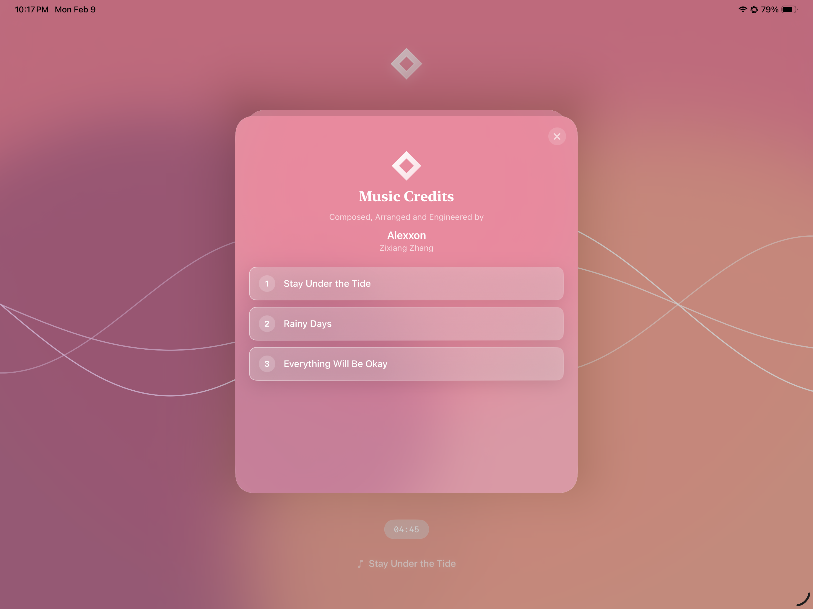 Rhylm music credits screen in rose theme