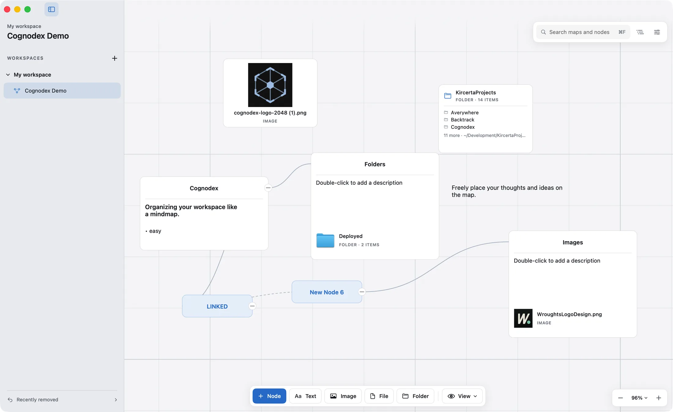 A Cognodex map: linked nodes, expanded cards with descriptions and attachments, an image, a folder listing its contents and a line of text, placed freely on a grid, with the Maps sidebar open.