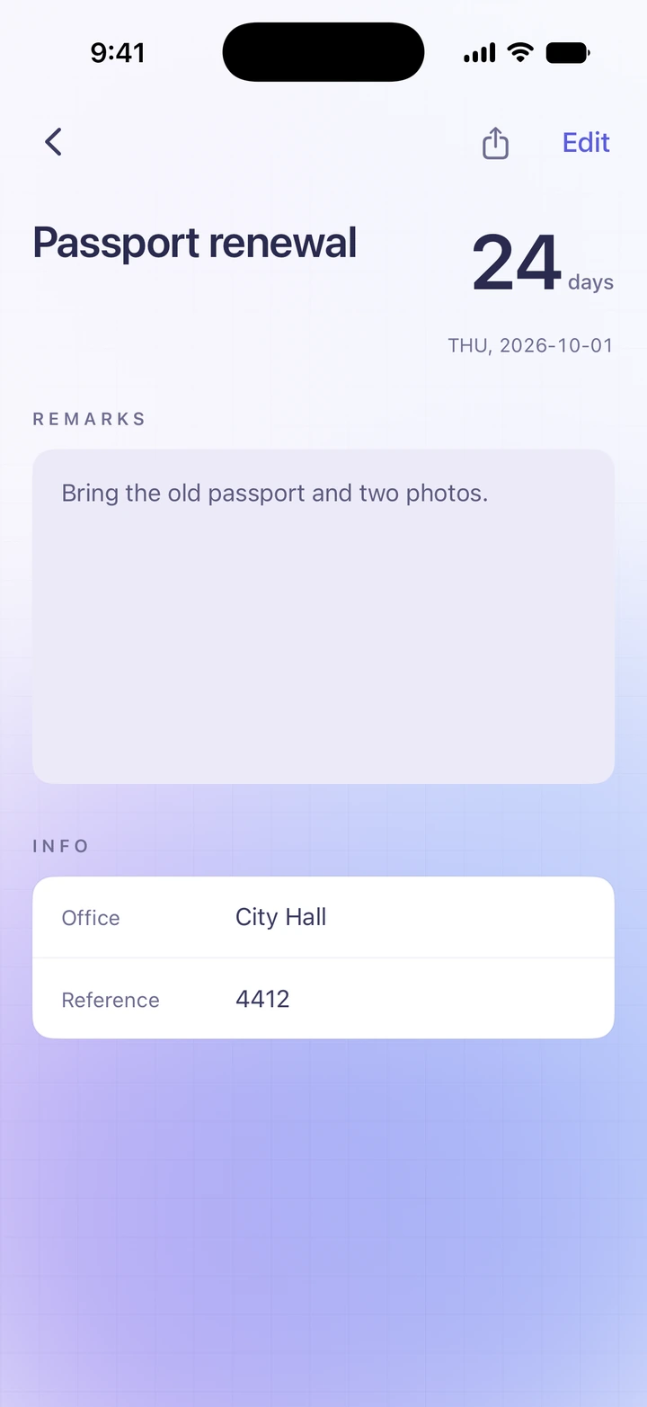A countdown opened to show its remarks and its custom information fields.
