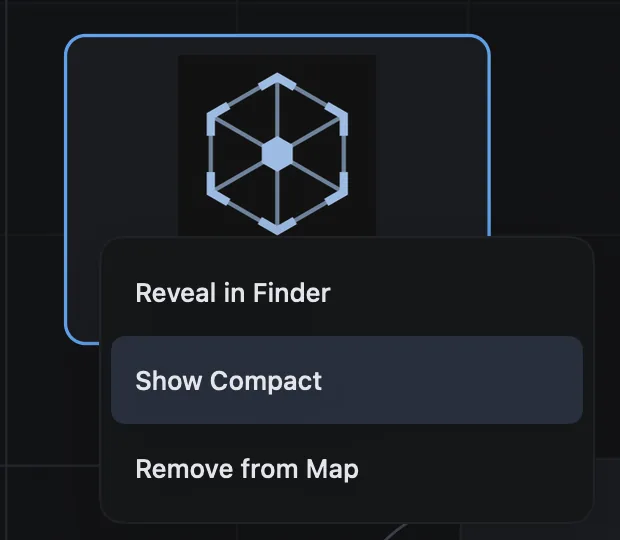 An image on the canvas with its menu open: Reveal in Finder, Show Compact, Remove from Map.