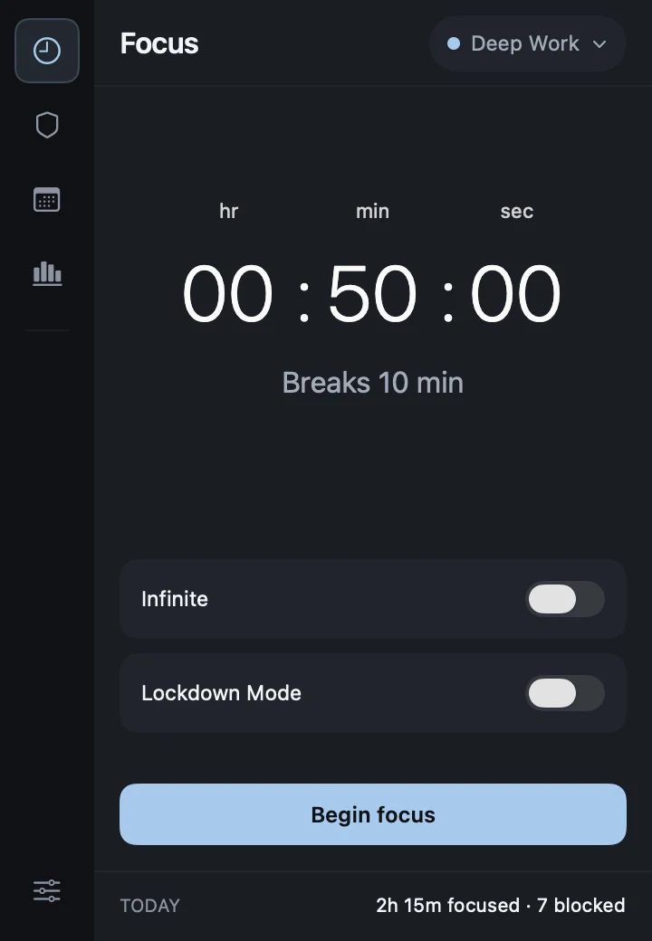 Focus setup with the Deep Work profile, a 50-minute duration, break allowance, Infinite and Lockdown Mode switches, and Begin focus.