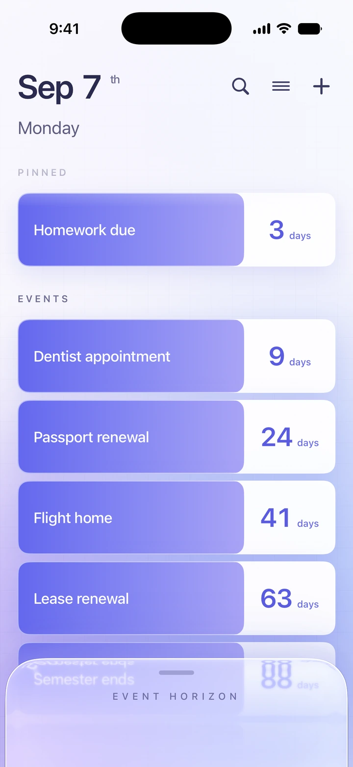 The Lyncemit list, each countdown showing its title and the number of days remaining.