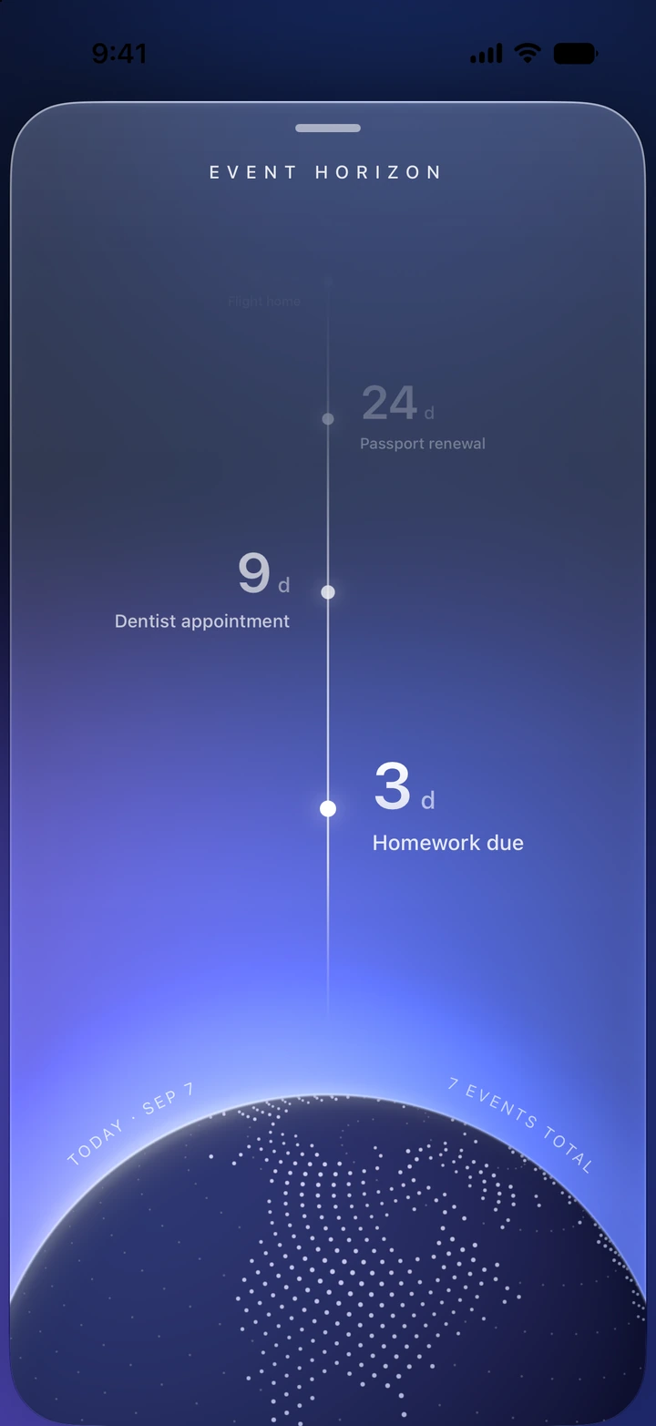 The same Event Horizon timeline in dark appearance.