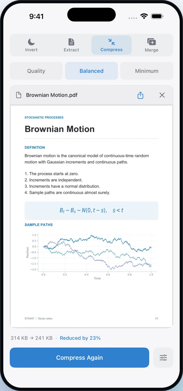 Norkta on iPhone with Balanced compression selected. This sample goes from 314 KB to 241 KB, a 23 percent reduction.