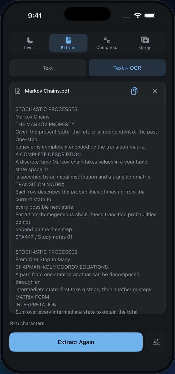 Norkta on iPhone showing 976 characters extracted from Markov Chains, ready to copy.