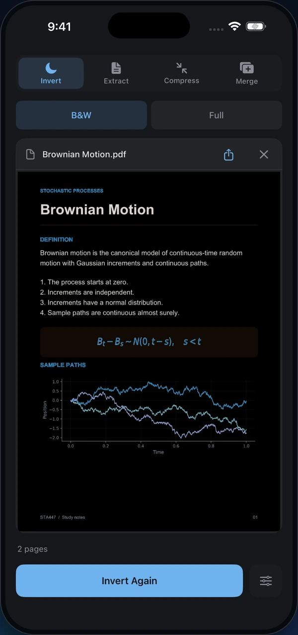 Norkta on iPhone showing the inverted Brownian Motion PDF in B&W mode.