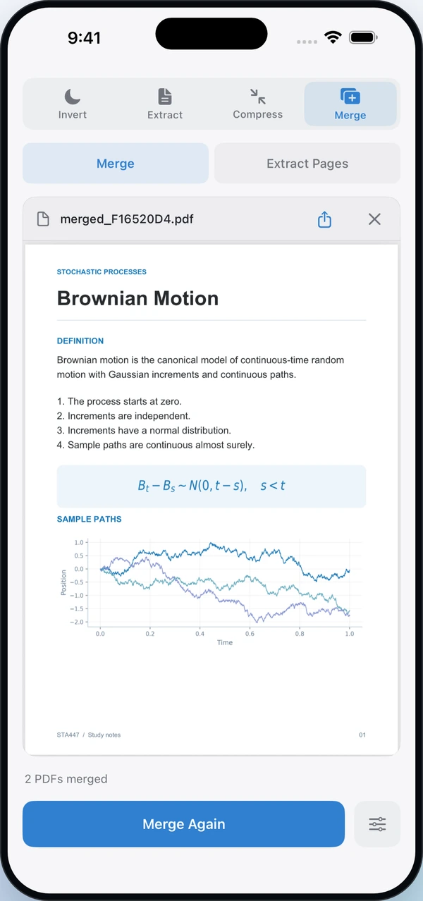 Norkta on iPhone previewing the combined PDF with the result 2 PDFs merged.