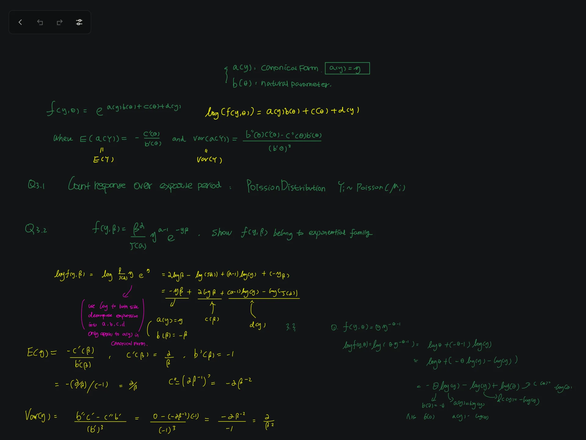 A page of handwritten statistics notes in green, yellow and pink ink on dark paper. The only control on screen is a small set of four buttons in the corner.