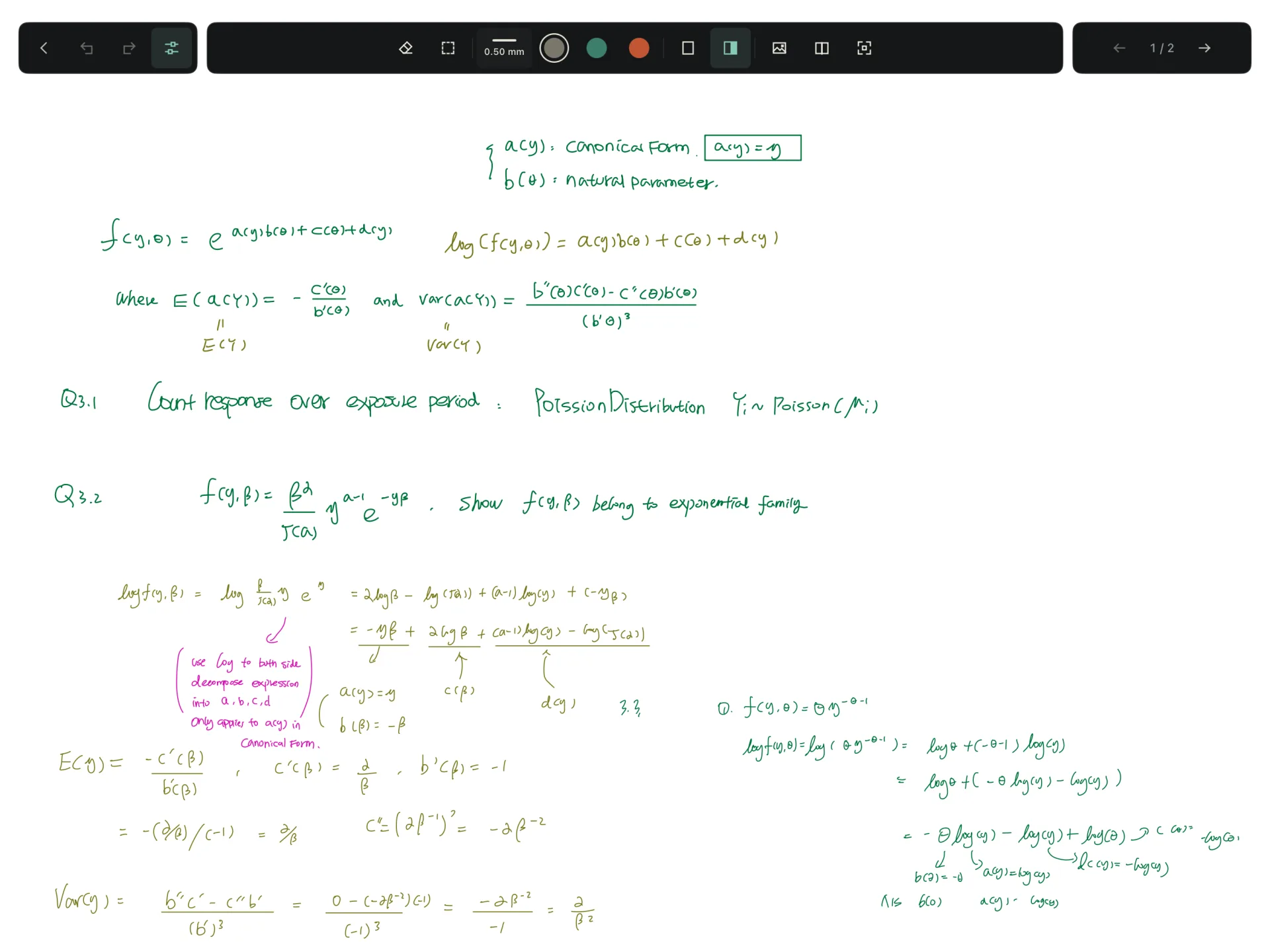 The same page on light paper, with the writing tools shown along the top: eraser, selection, stroke width, three inks, page style and page navigation.