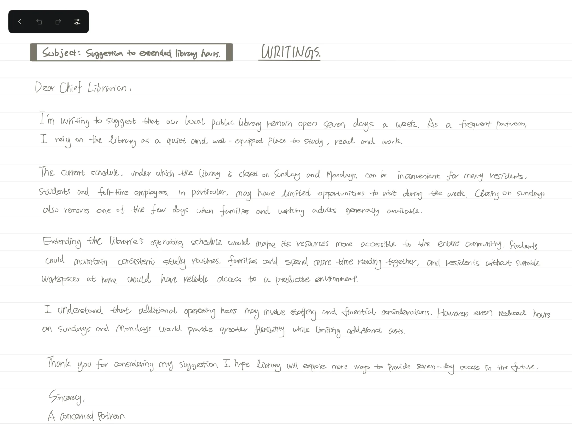 A handwritten letter filling a ruled page from edge to edge, with nothing else on screen but four small buttons.