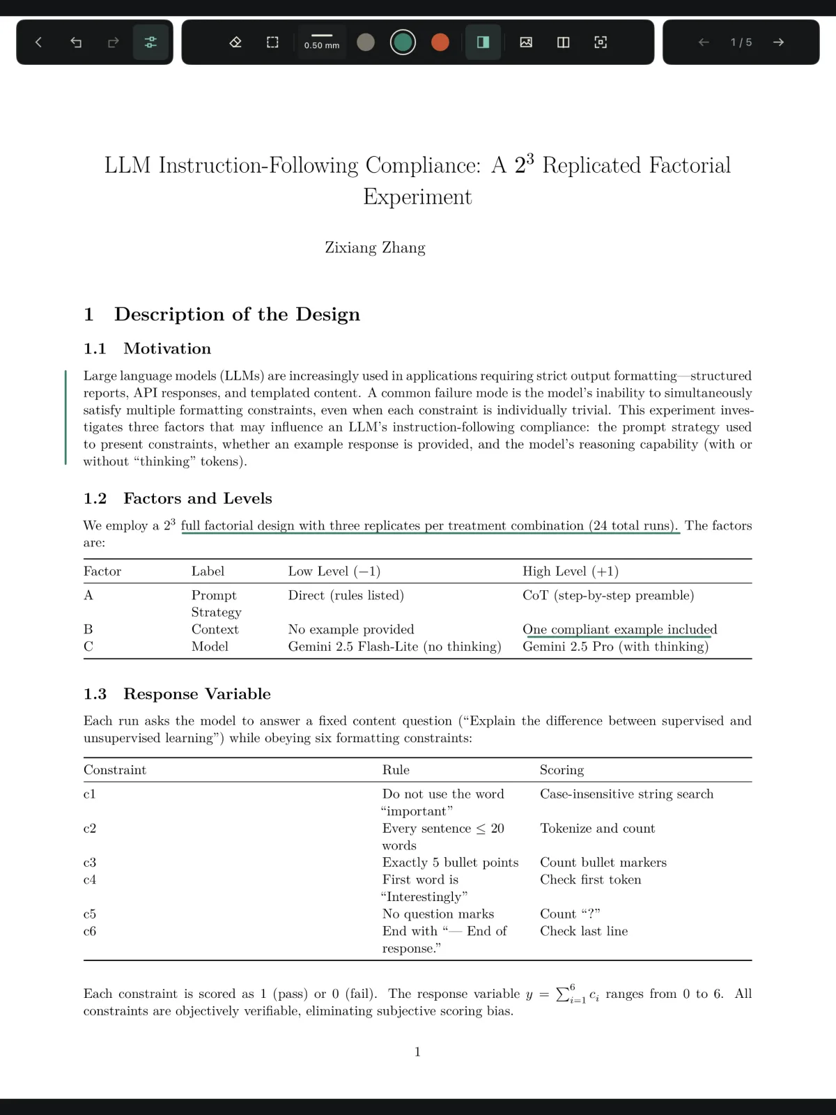 A research paper open in Wroughts with green underlines and a margin bar drawn onto the text.
