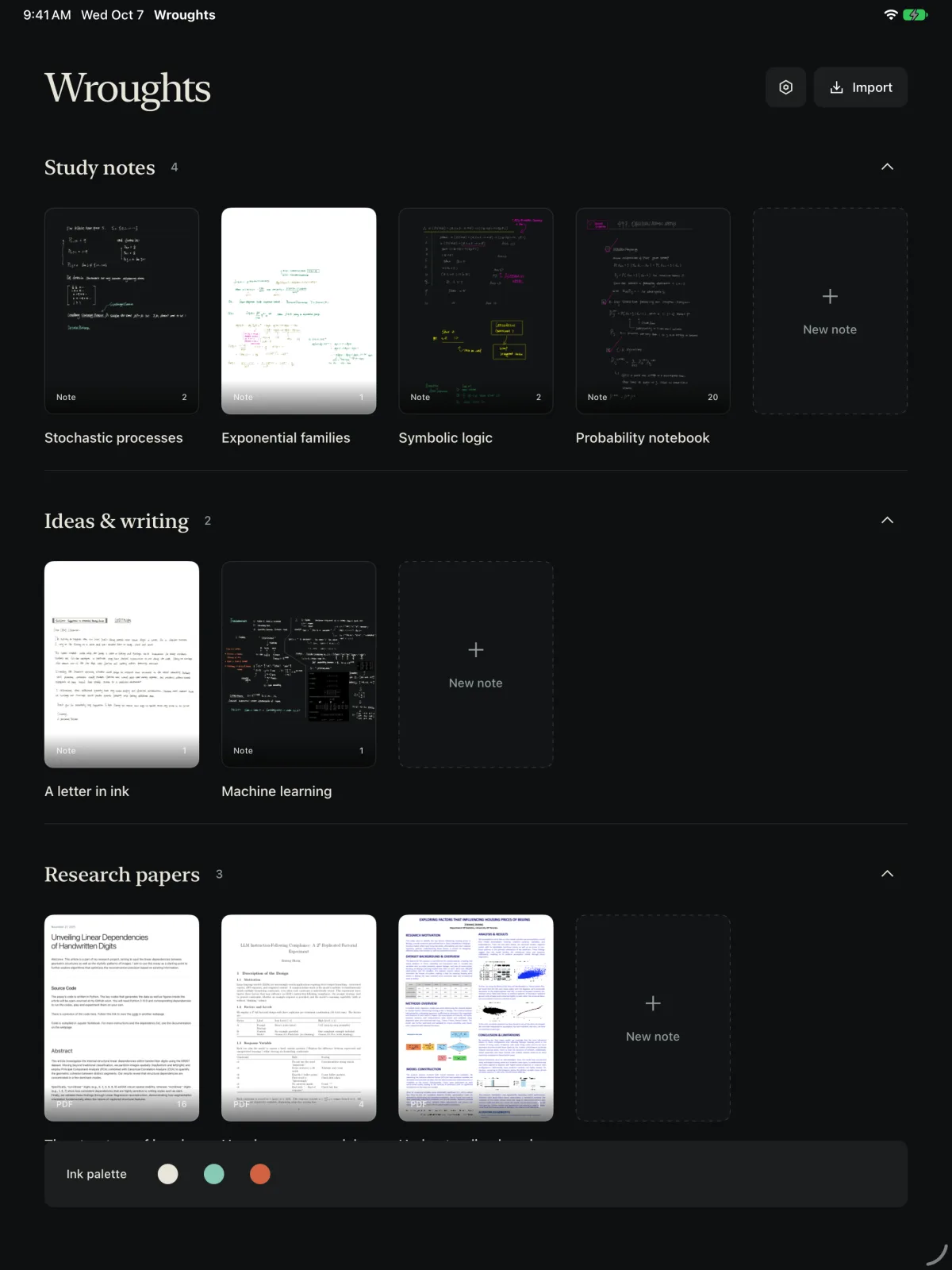 The Wroughts library in dark appearance: three categories named Study notes, Ideas and writing, and Research papers, each showing thumbnails of its notes on dark or light paper.
