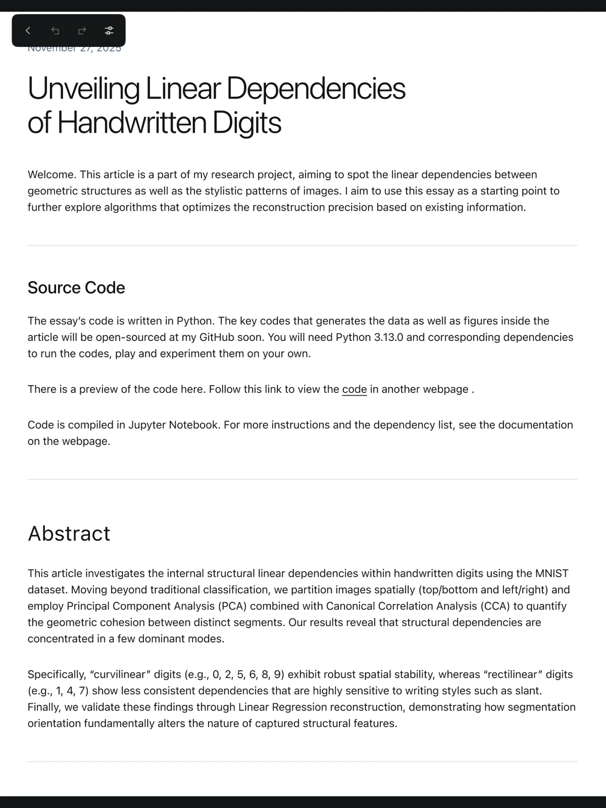 An article open for reading, its text running the full width of the screen.