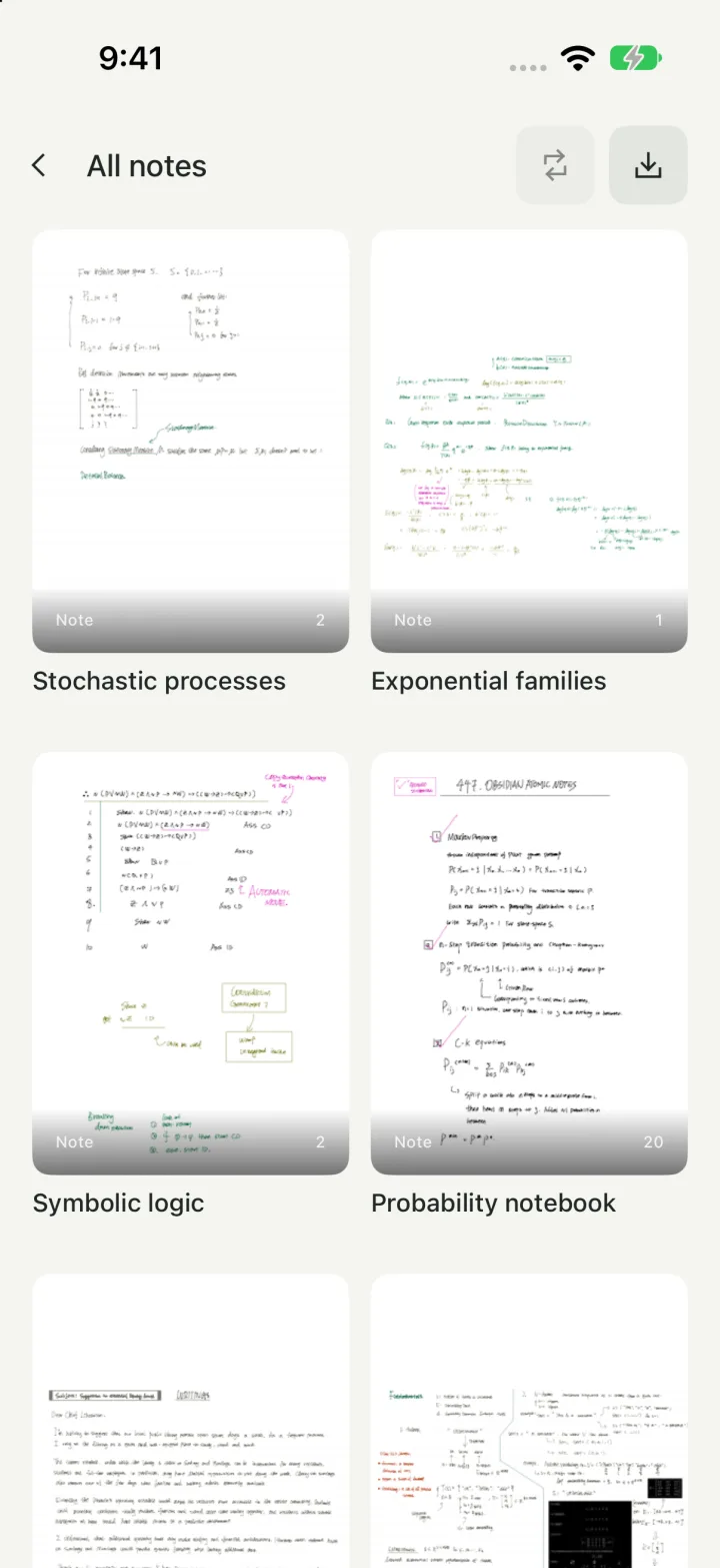 Wroughts on iPhone, showing the same notes as a grid of thumbnails.