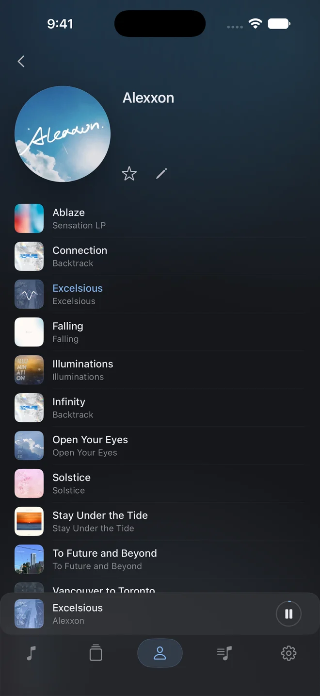 Alexxon’s artist page on iPhone, with a custom artist portrait and a list of songs.
