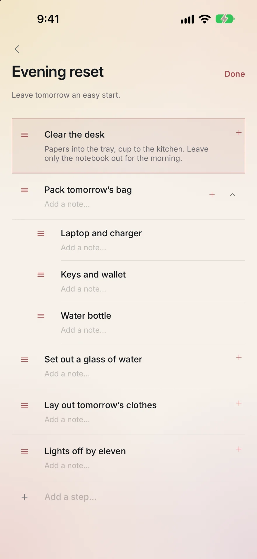 Editing the Evening reset checklist: steps with drag handles, three substeps indented under Pack tomorrow’s bag, and Add a step at the foot.