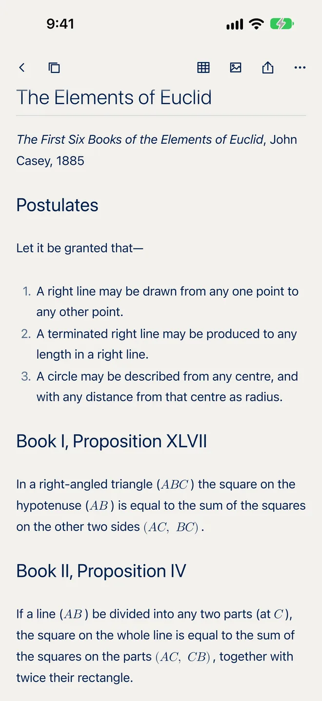 The note The Elements of Euclid on iPhone, with headings, a numbered list and maths typeset in the text.