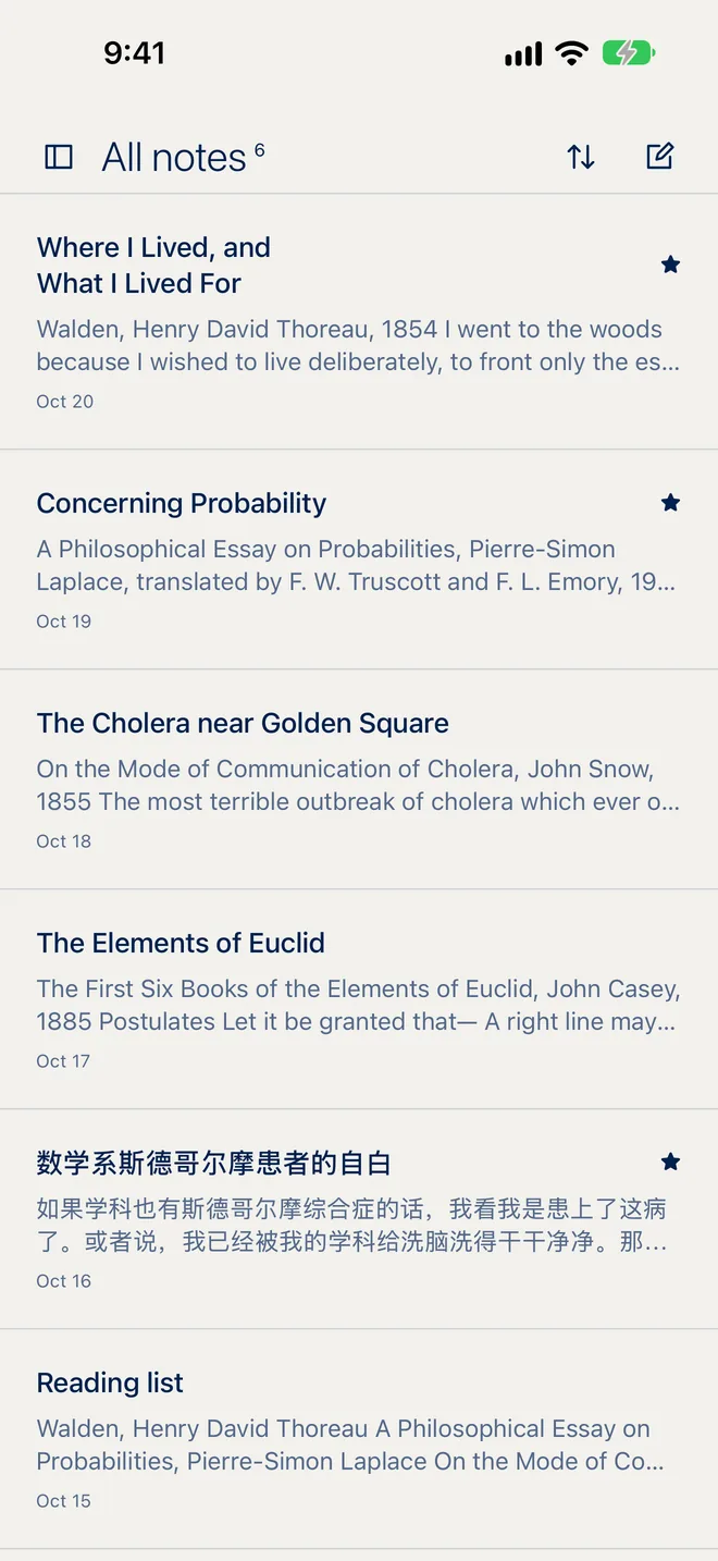 The note list on iPhone: All notes, with sort and new note buttons at the top and six notes, three of them starred.