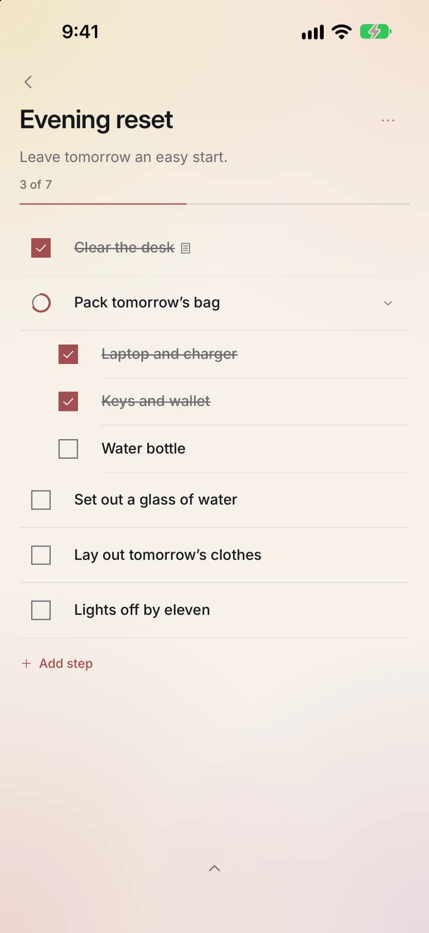 The same Evening reset checklist on iPhone, three of seven steps checked.