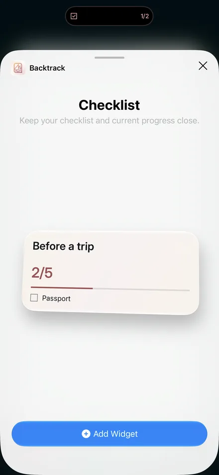 The widget gallery on iPhone showing Backtrack’s Checklist widget: Keep your checklist and current progress close, with Add Widget below.