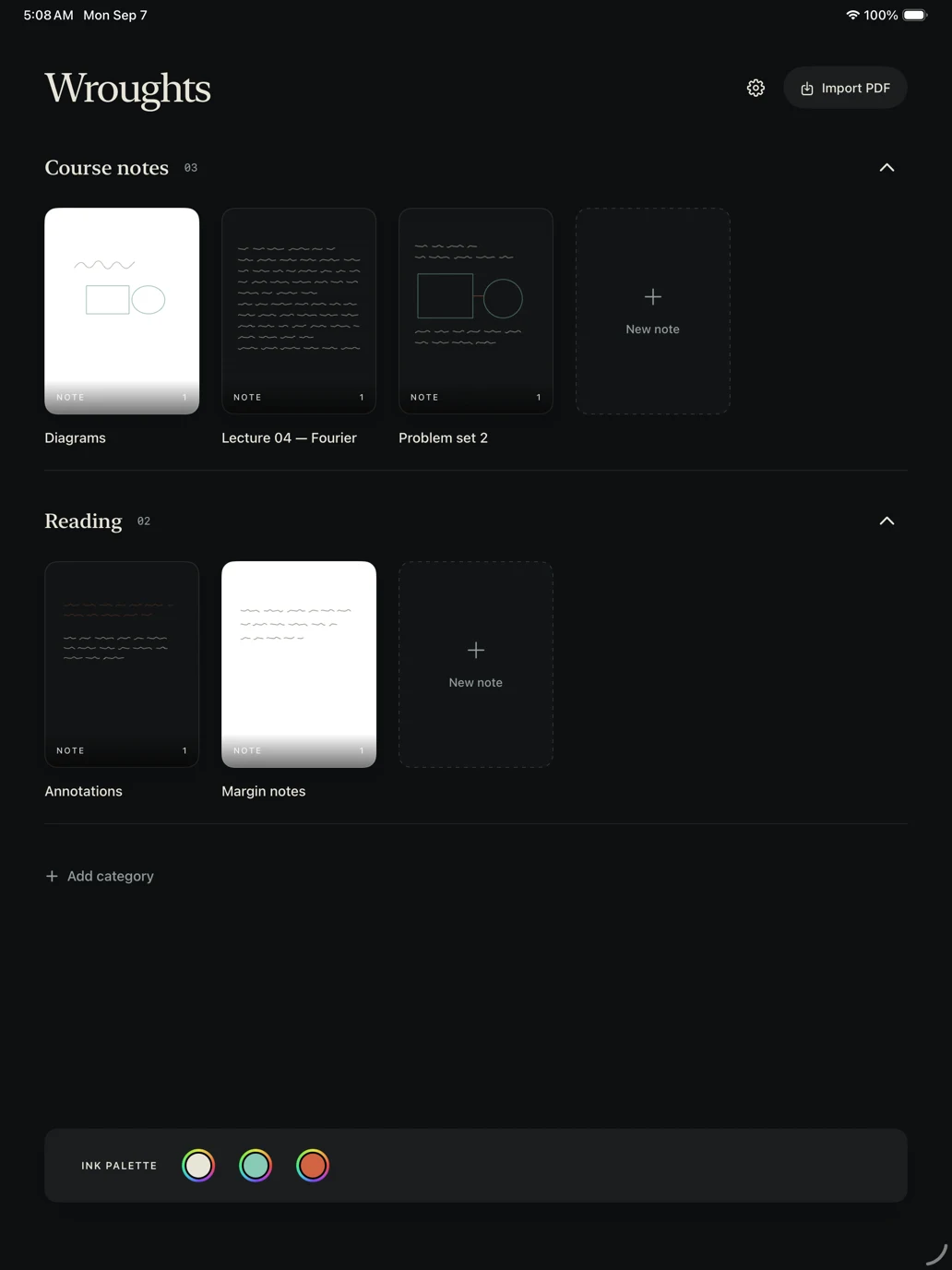 The library, showing two categories of notes with a thumbnail of each note's first page.