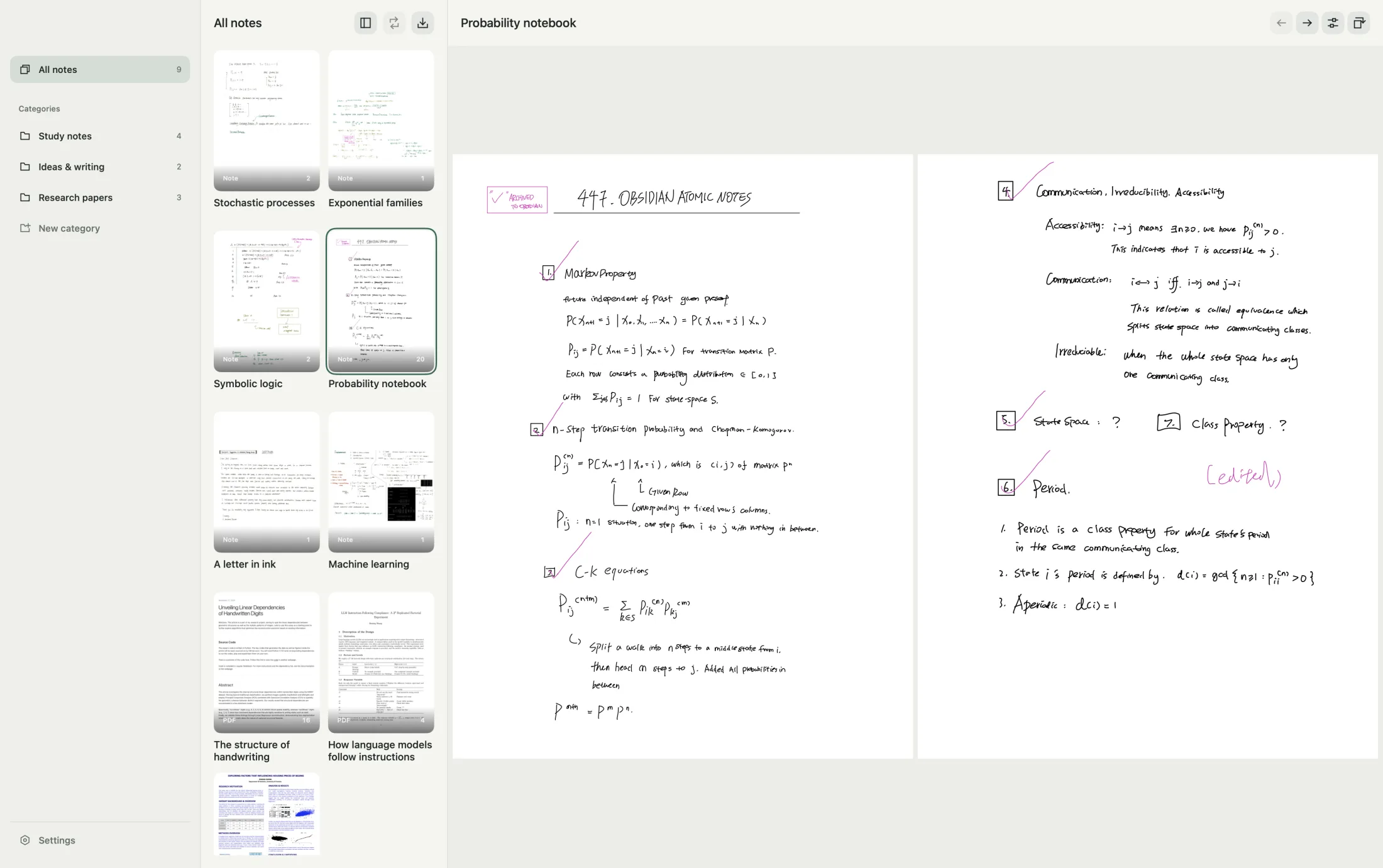 Wroughts on Mac: a sidebar of categories, a column of note thumbnails, and two pages of a handwritten probability notebook open side by side.