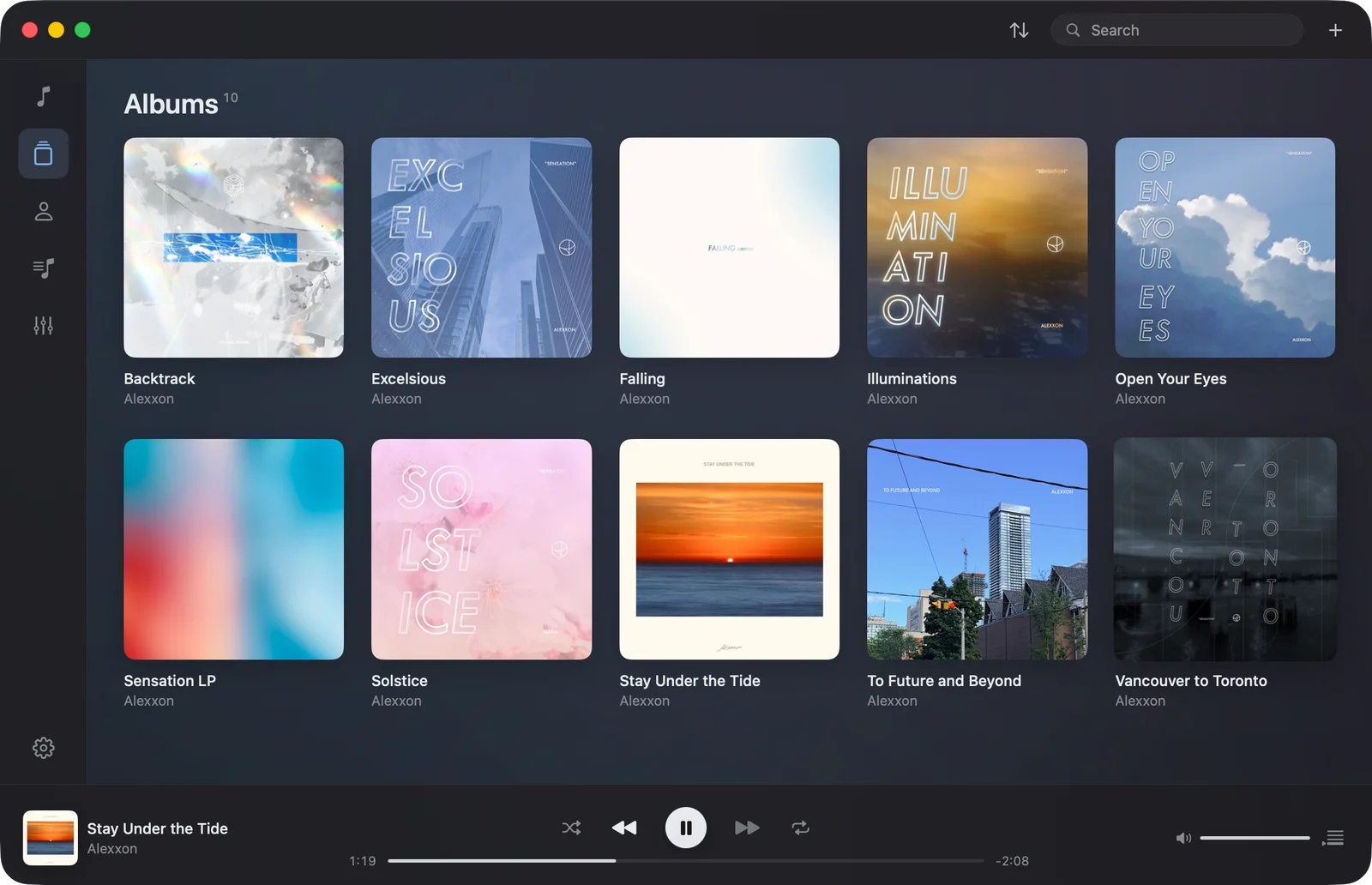Lumyna on Mac: an album library of Alexxon’s music with artwork, navigation, and playback controls.