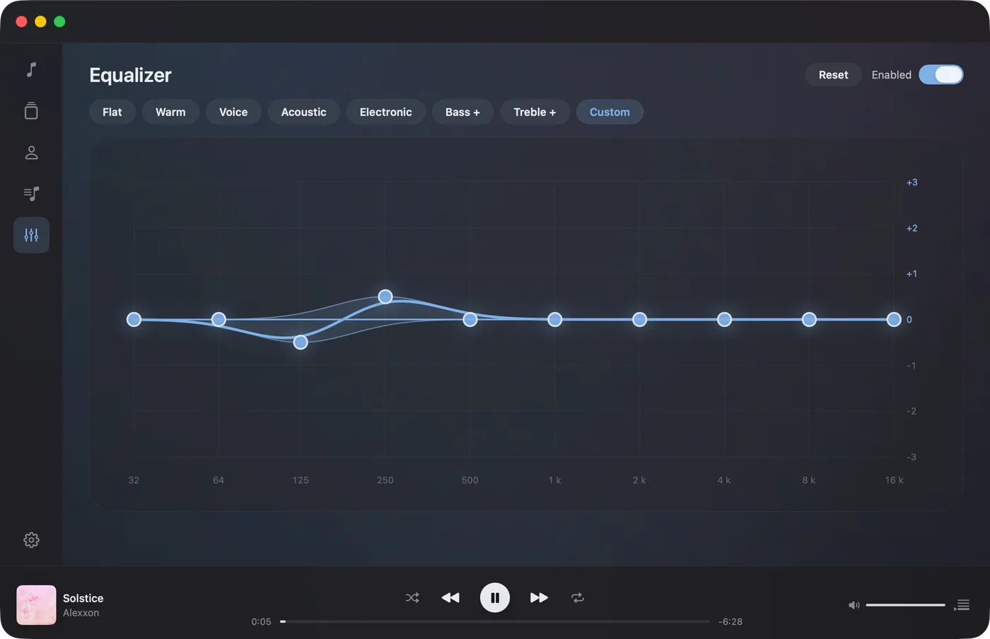 Lumyna’s ten-band equalizer on Mac, with a frequency curve and preset controls.