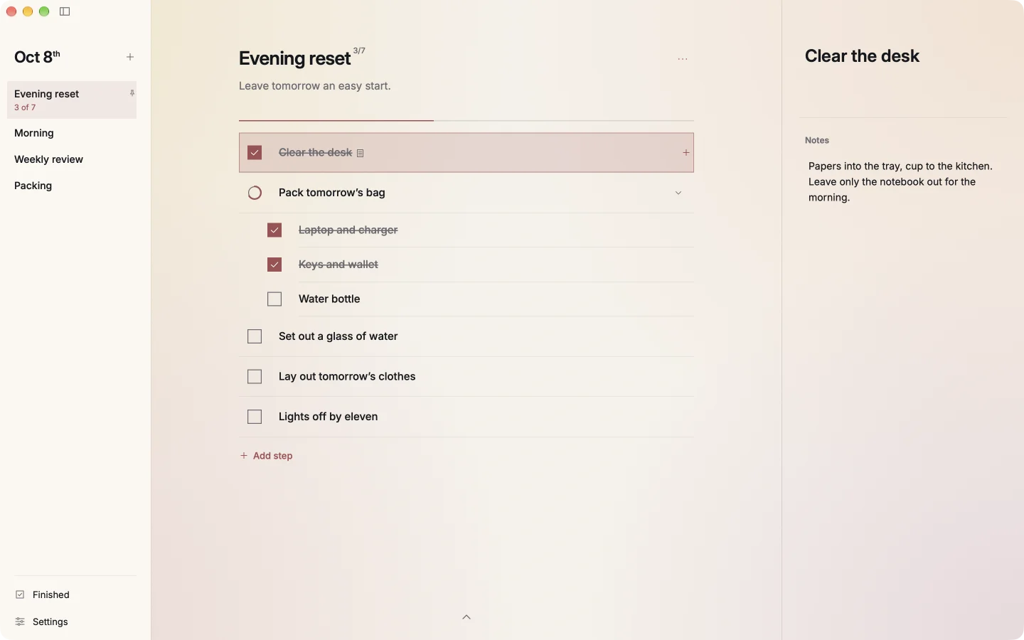 Backtrack on macOS: the sidebar of checklists, Evening reset with three of seven steps checked, and the note of Clear the desk in the detail column.